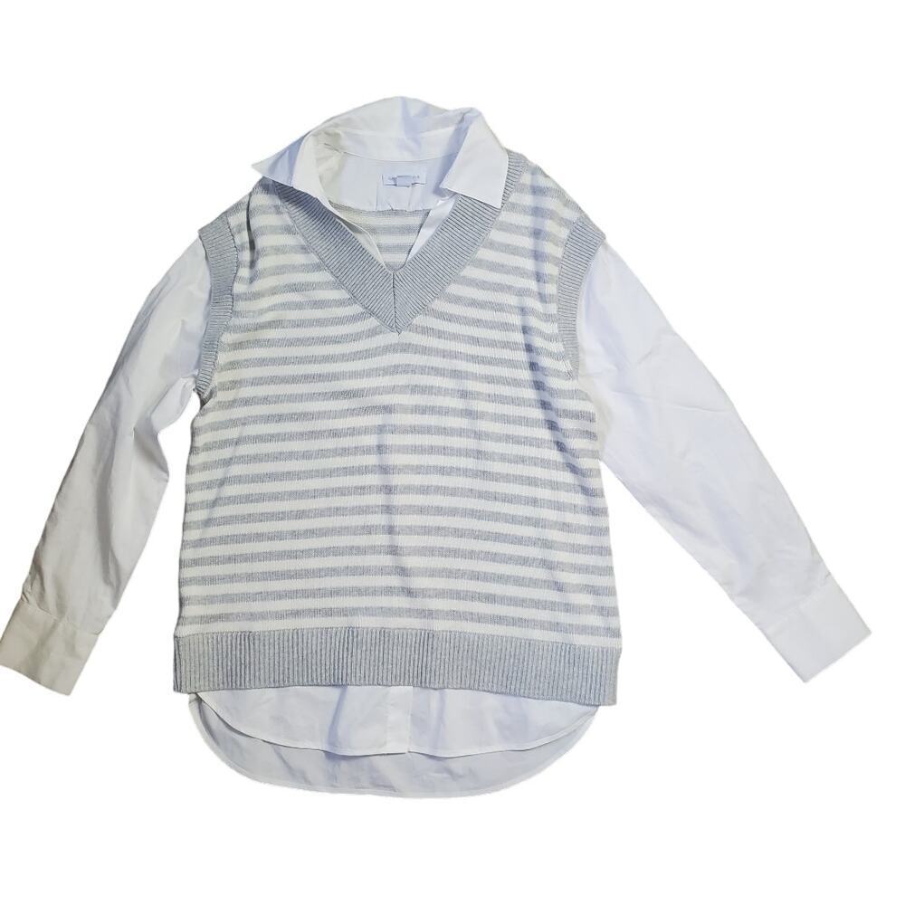 Charter Club Women Striped Preppy Vest Collared Sleaze Academia Top Size Medium